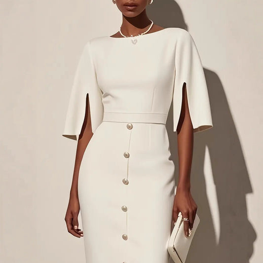 Summer Solid-Color Crew-Neck Defined-Waist Dress With Slit And Buttons