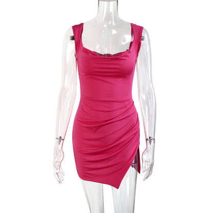 Womens Low-cut Dress European And American Style Summer Short Sleeves Open Back Side Slit